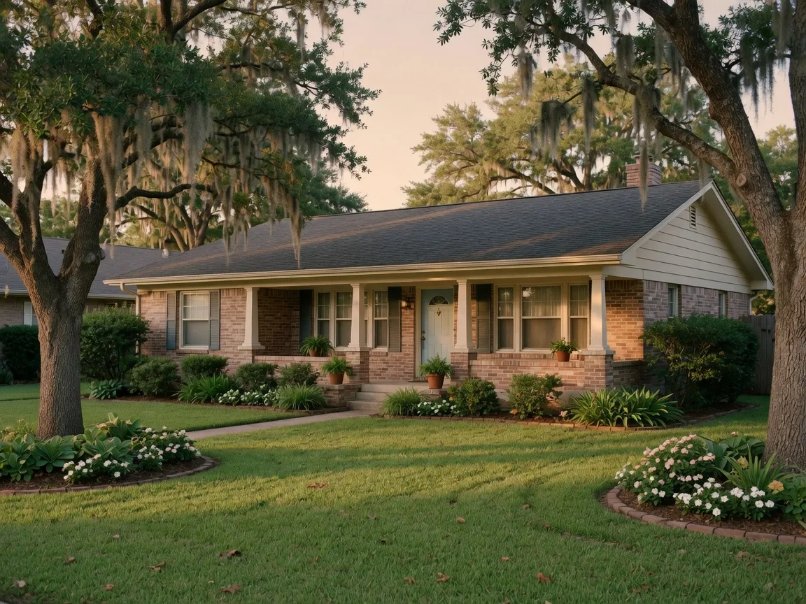 A classic single-story Texas ranch-style family home in warm late-afternoon light