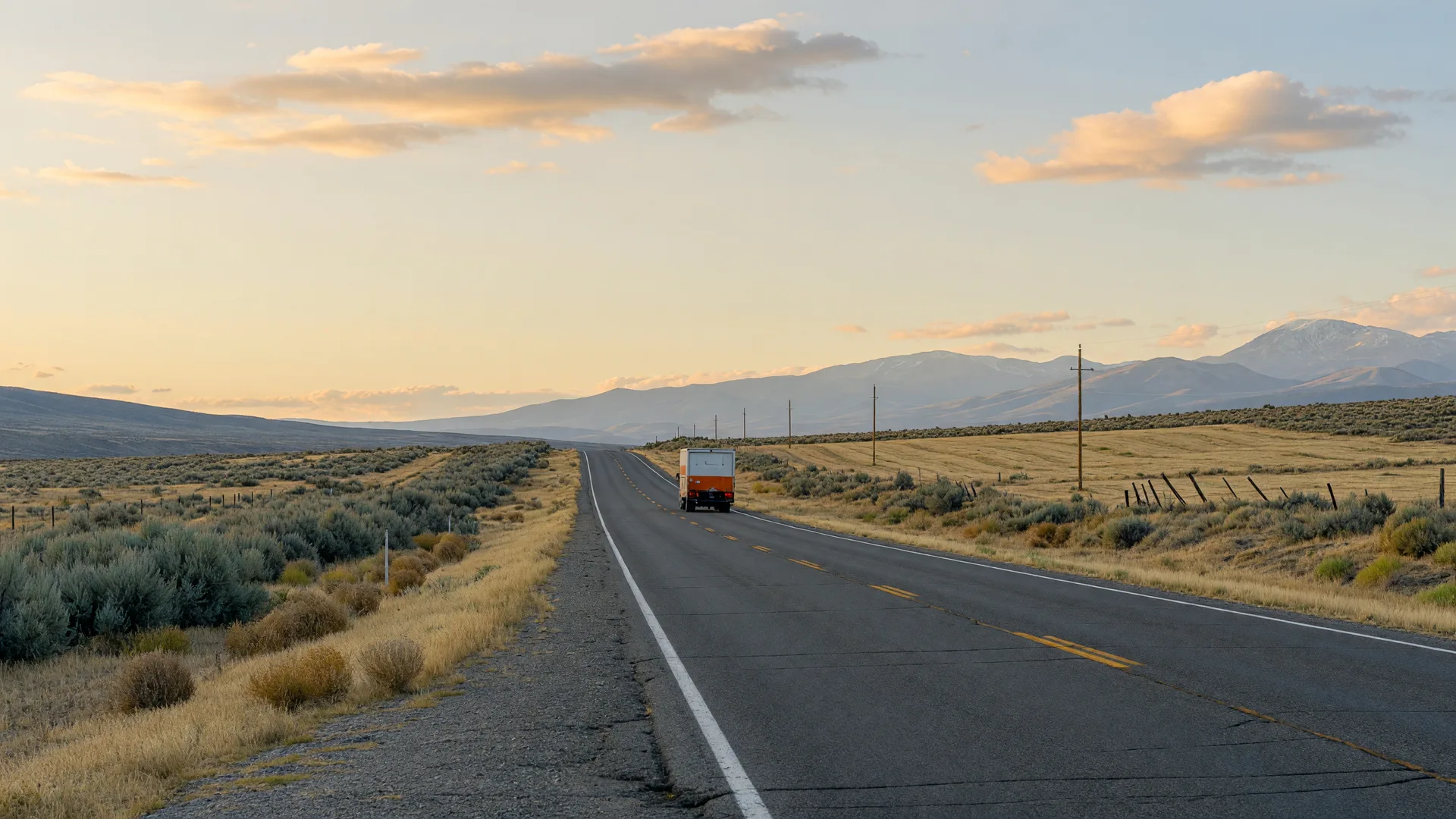 An empty two-lane highway through the Idaho high desert toward distant mountains