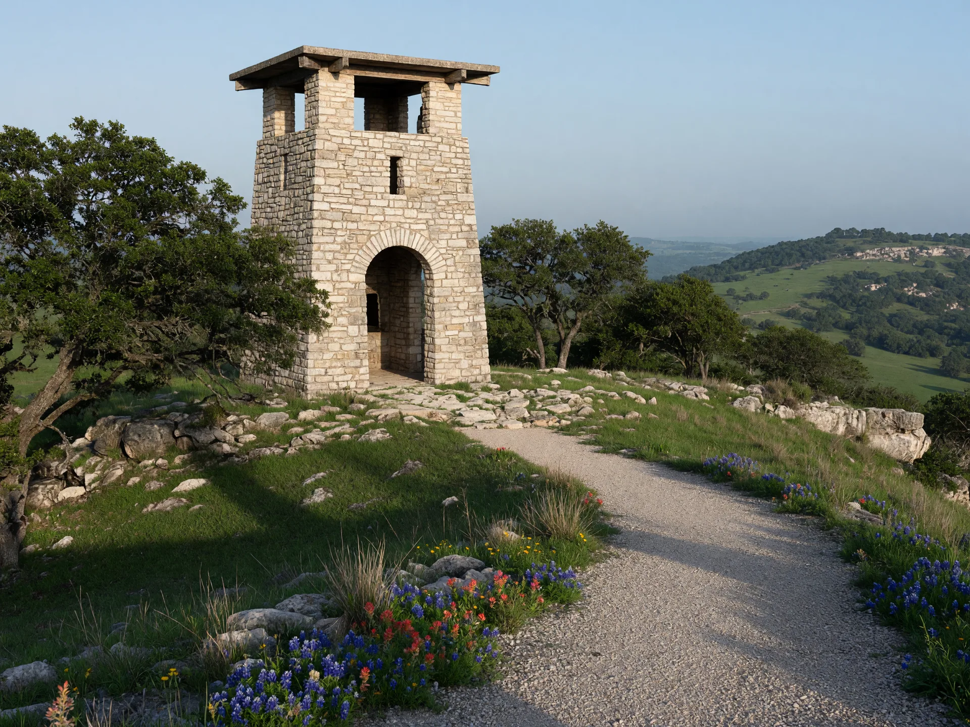 Historic 1930s limestone observation tower on a grassy Hill Country ridge at Longhorn Cavern State Park