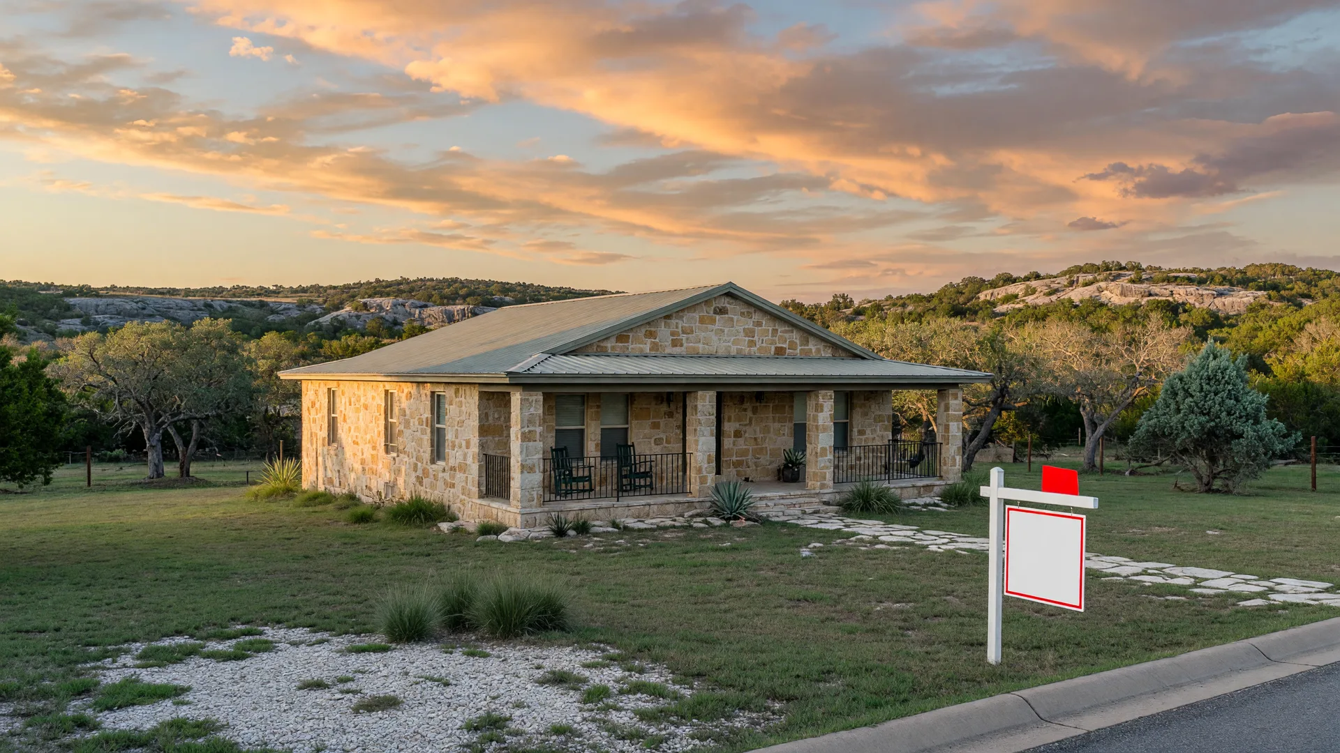 A single-story Hill Country stone home with a for-sale sign at the curb in late afternoon light
