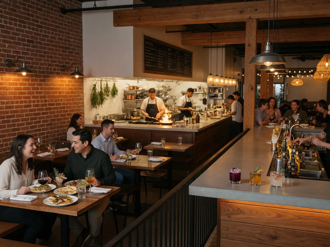 Modern restaurant interior in Dayton with warm lighting, exposed brick, wooden tables, and an open kitchen