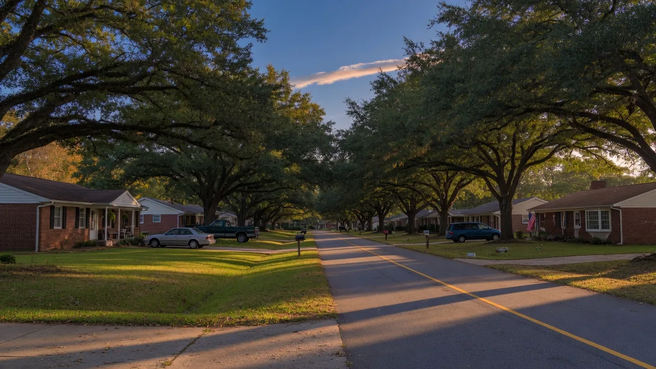Tree-lined residential street in Irmo, South Carolina with mature oaks arching over the road and well-kept 1980s homes in golden afternoon light