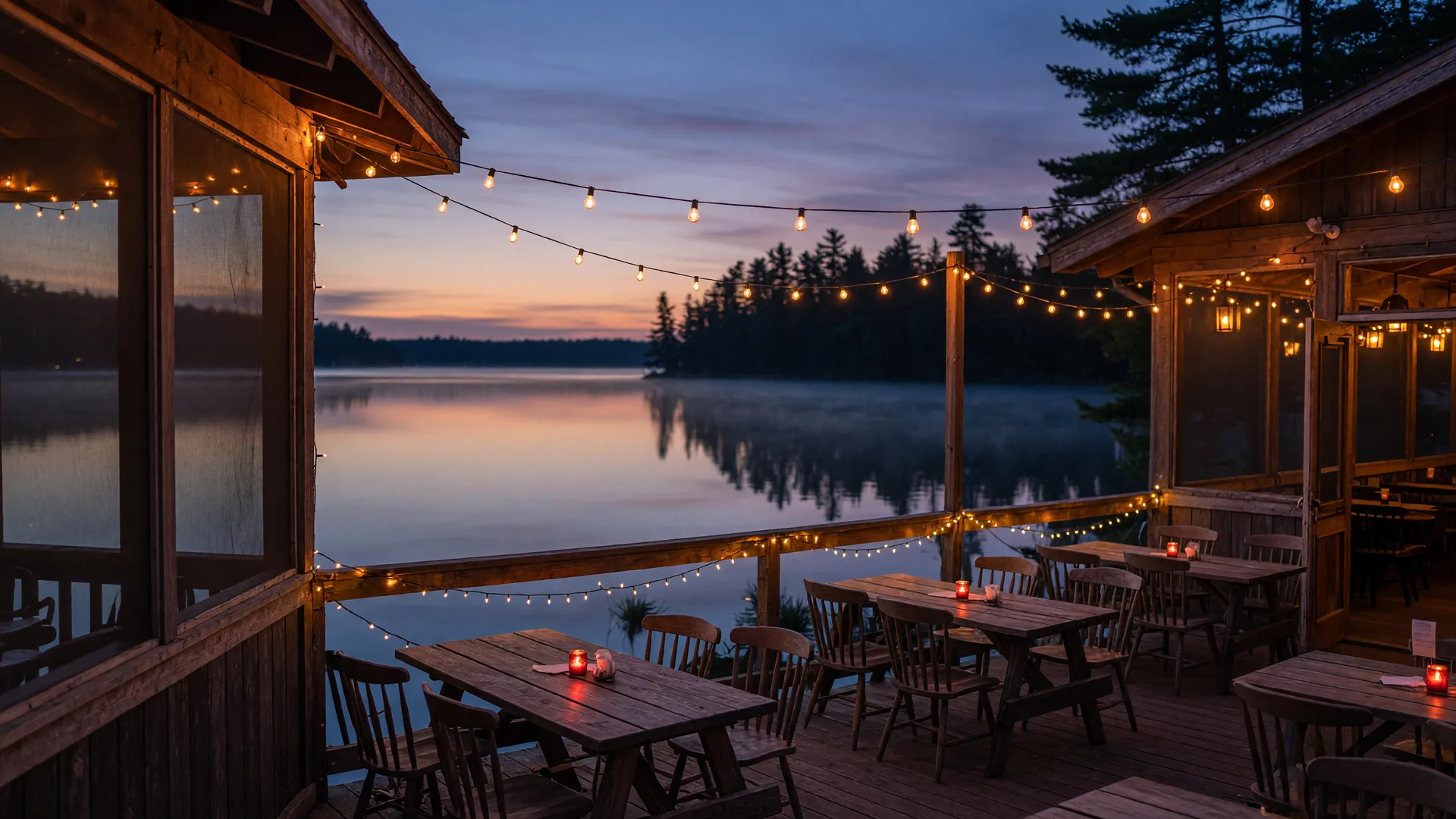 Lakeside restaurant patio with string lights at dusk on a Minnesota lake chain
