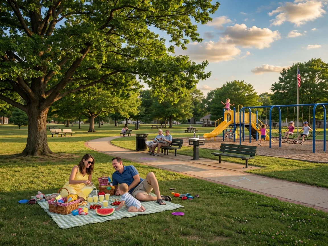 A family enjoying a sunny afternoon at a park in Independence, Missouri with children playing and community spirit