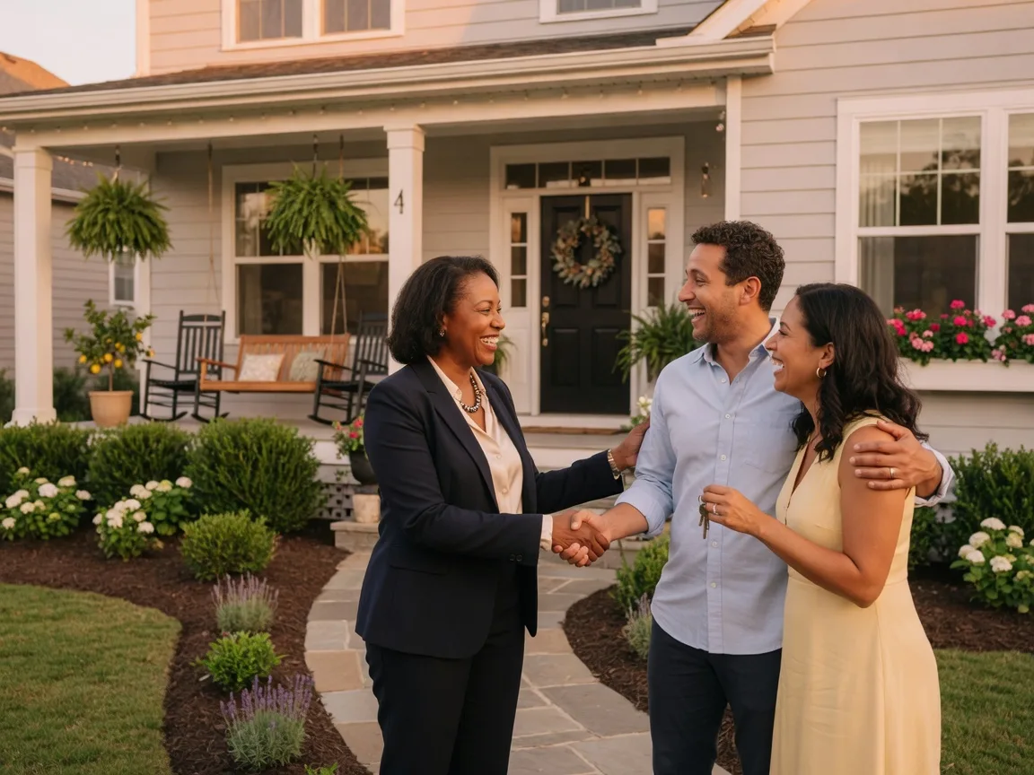 A real estate agent shaking hands with a happy couple in front of their new home, celebrating the start of a smooth transition