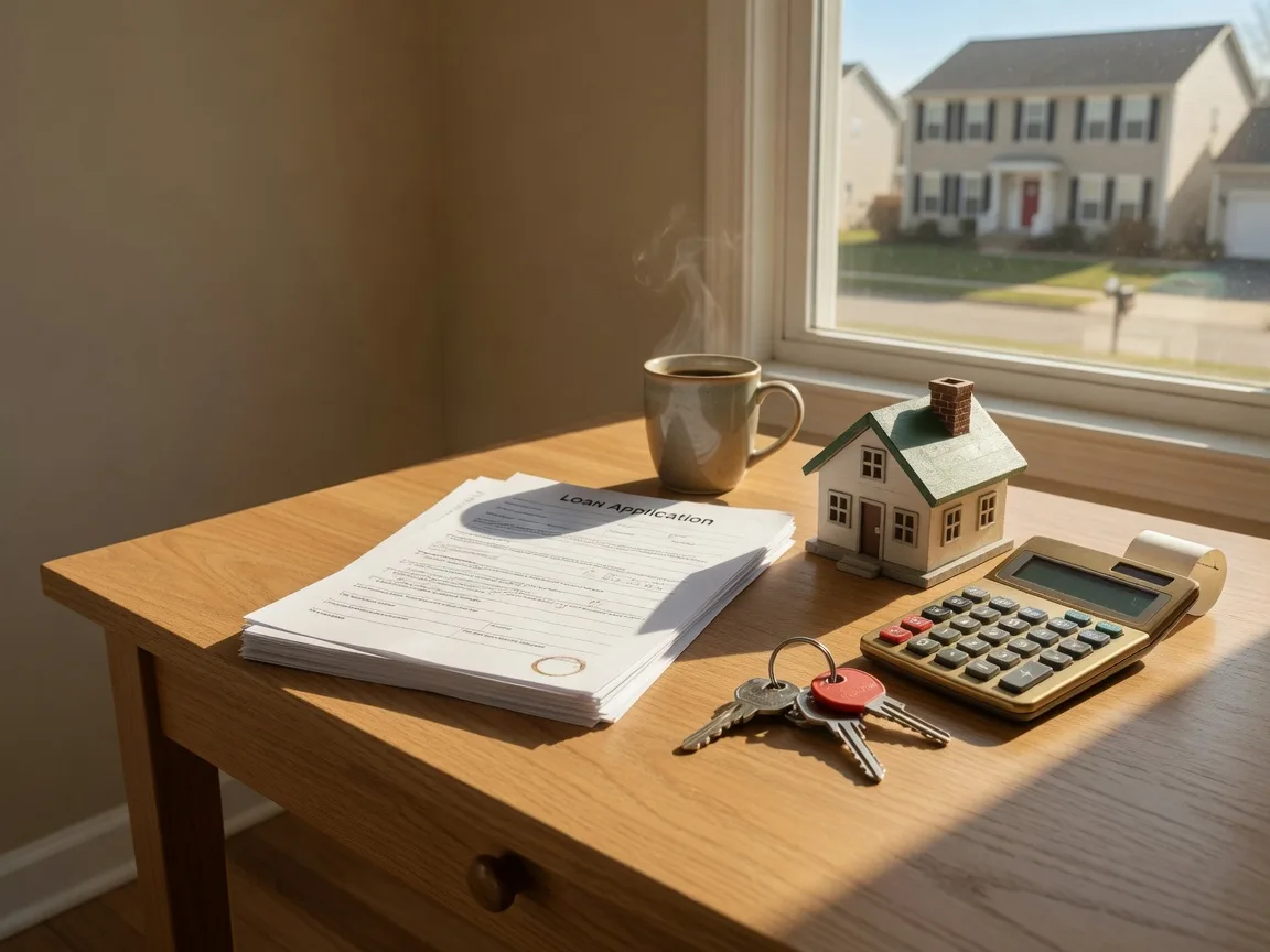 A sunlit financing desk with a neat stack of mortgage loan documents, a wooden model house, house keys, a brass calculator, and a coffee mug in warm morning light