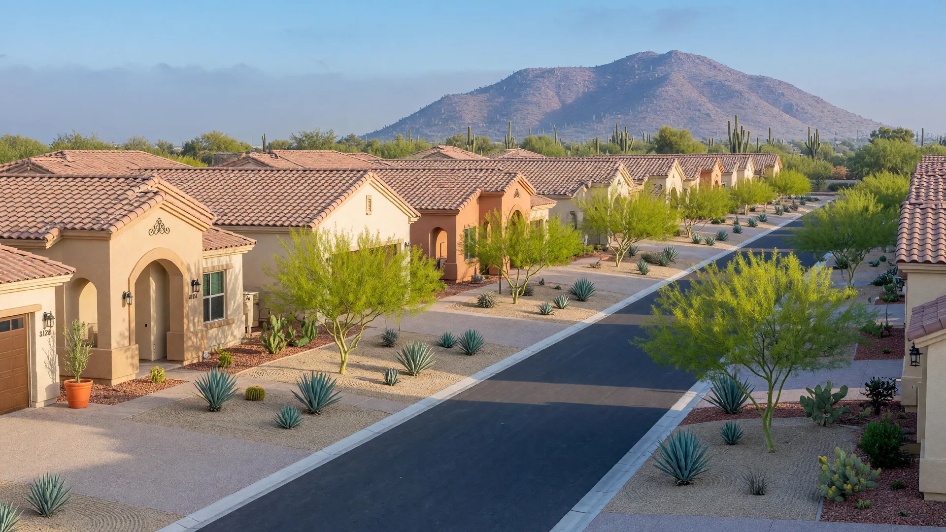 Brand-new Southwest-style homes in a new Phoenix metro community, with desert landscaping and mountain views