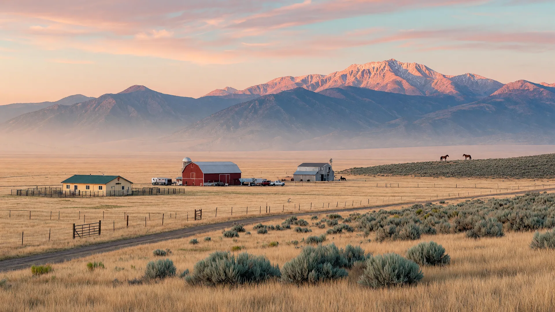 The Dayton valley at sunrise with ranch homes across open rangeland and the Sierra Nevada rising in the distance under warm pink-gold light.