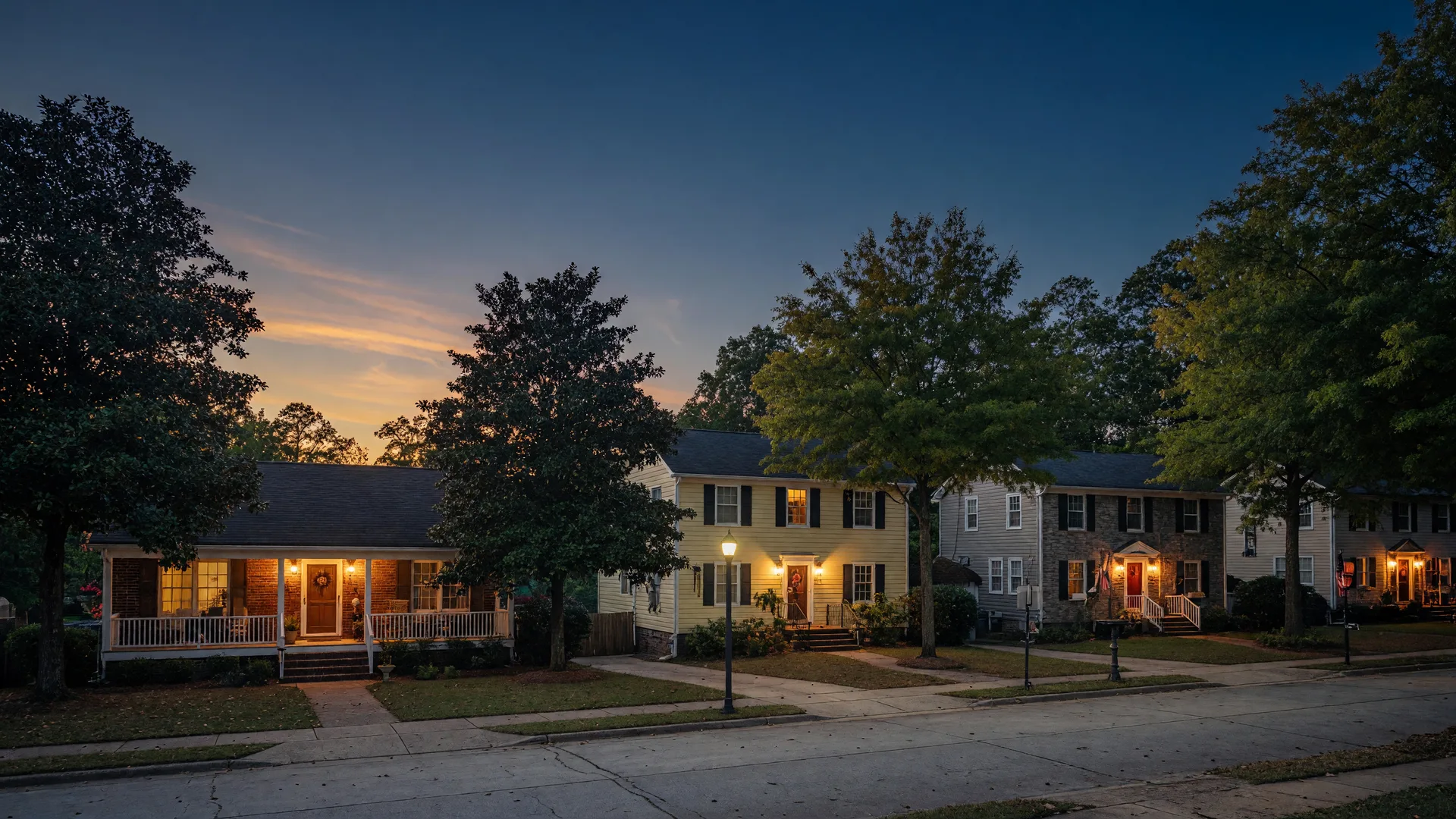 A leafy residential street in Metro Atlanta at dusk with warm porch lights, the setting for the story of a repeat client who has purchased several homes with Tommy Williams