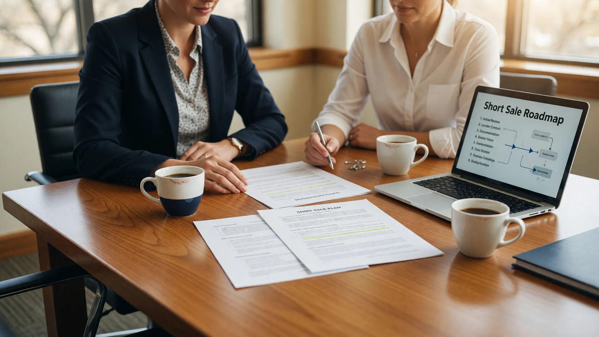 A real estate professional talking calmly with a homeowner about a short-sale plan at a bright conference table.