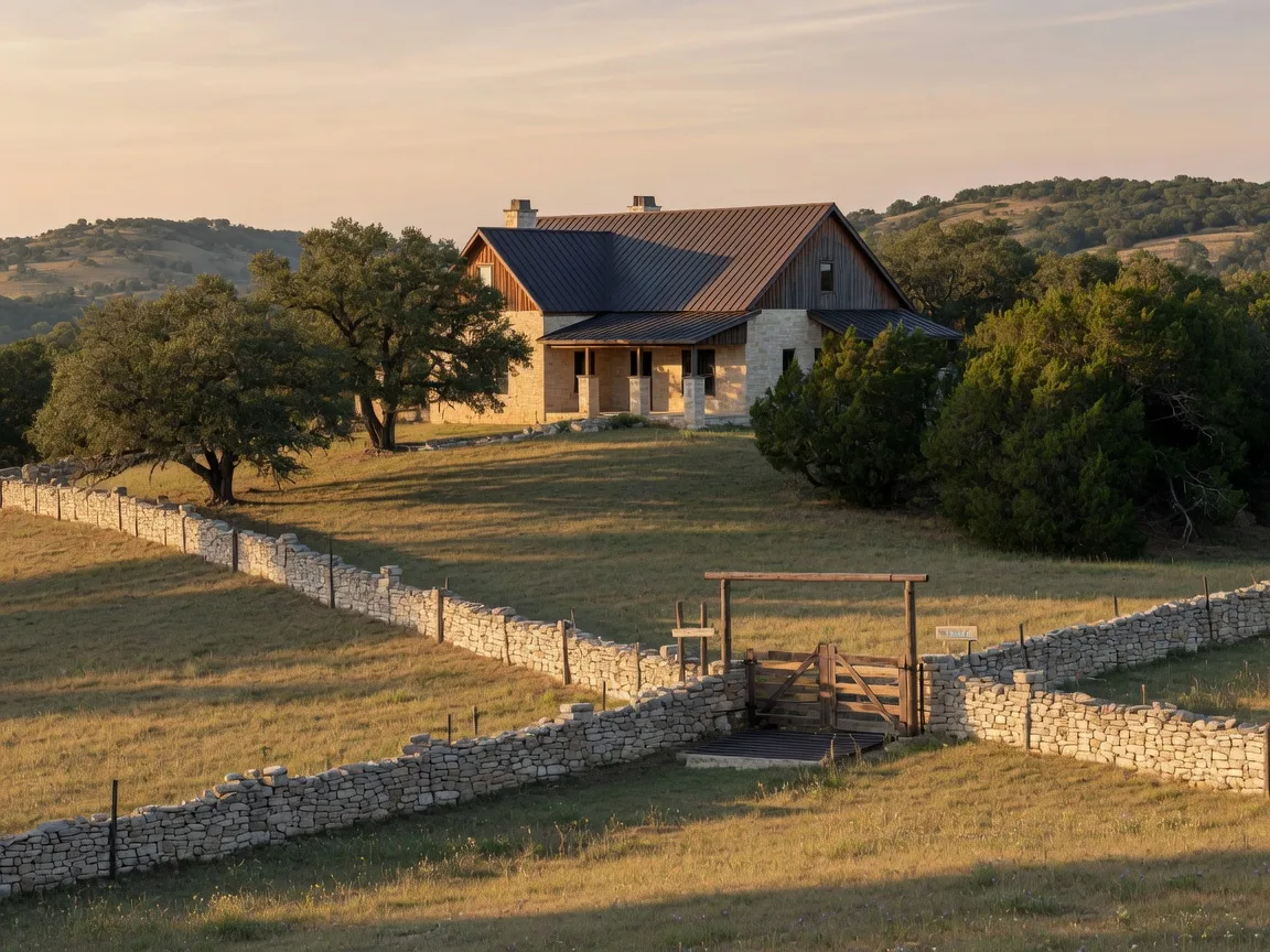 Hilltop limestone ranch estate with a metal roof, live oaks, and limestone fencing near Boerne