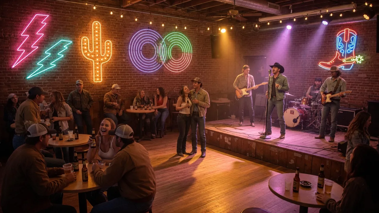 A Texas music venue at night with brick walls, neon signs, and a band performing on stage