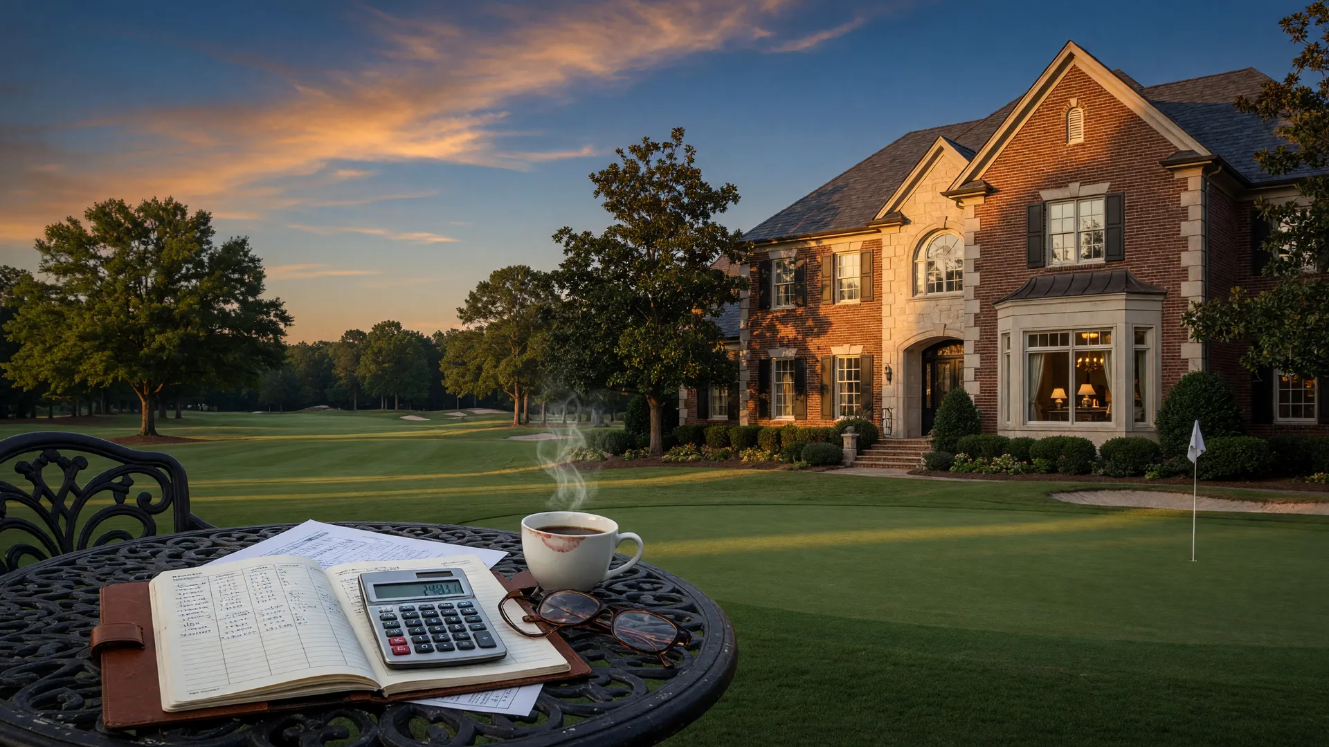 Elegant brick-and-stone home on a Georgia golf course fairway at golden hour with a notebook, calculator, and coffee on a patio table, representing how much house you can afford in 2026