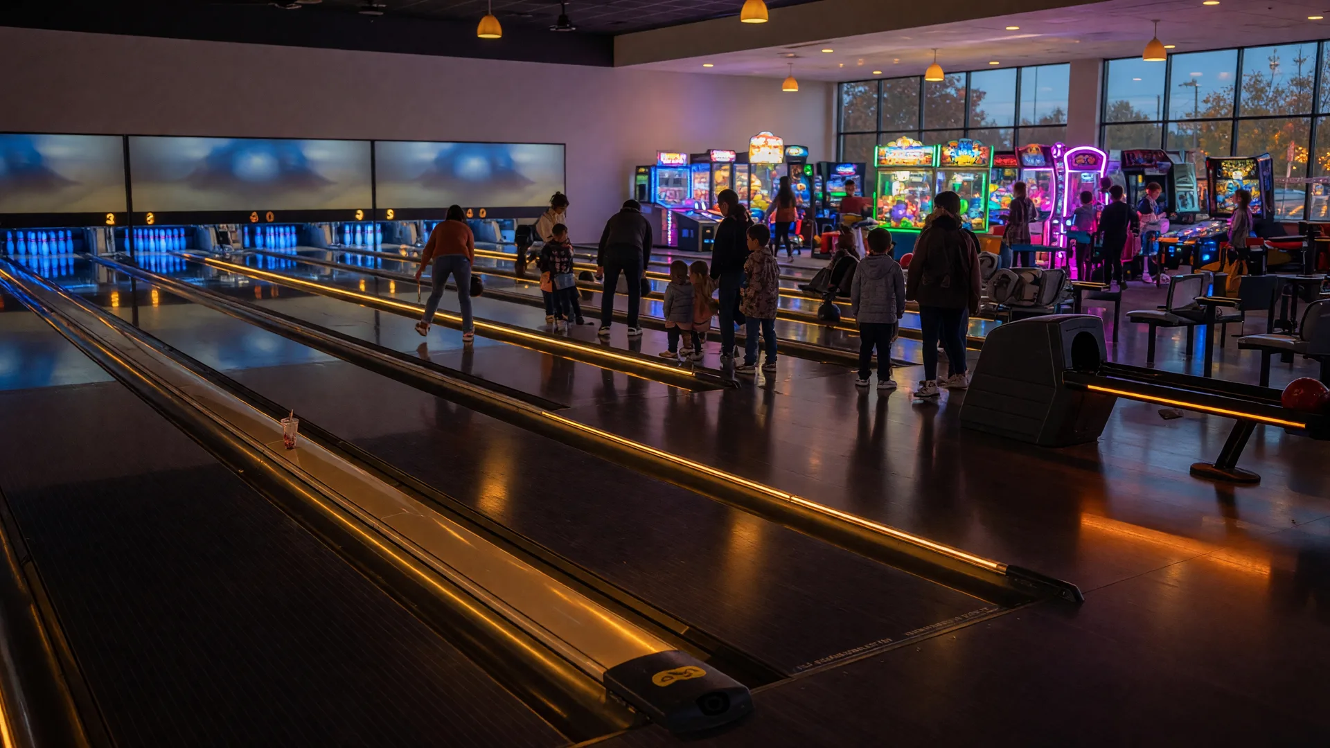 The warm glowing interior of a modern Tulsa family entertainment center, with bowling lanes, arcade games, and a handful of distant visitors on a cool autumn evening