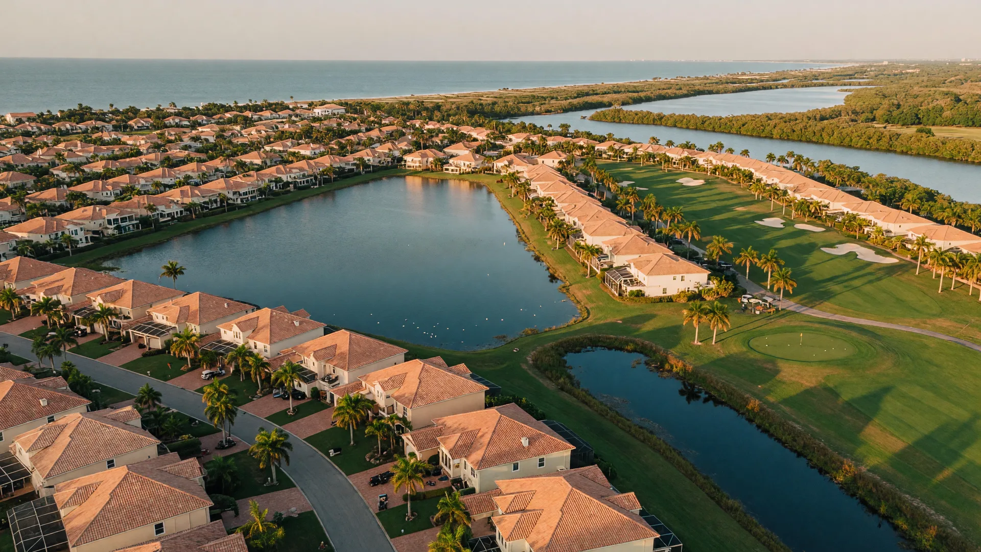 Aerial view of Estero, Florida at golden hour with tile-roofed homes around a lake, emerald golf fairways, and palm-lined boulevards