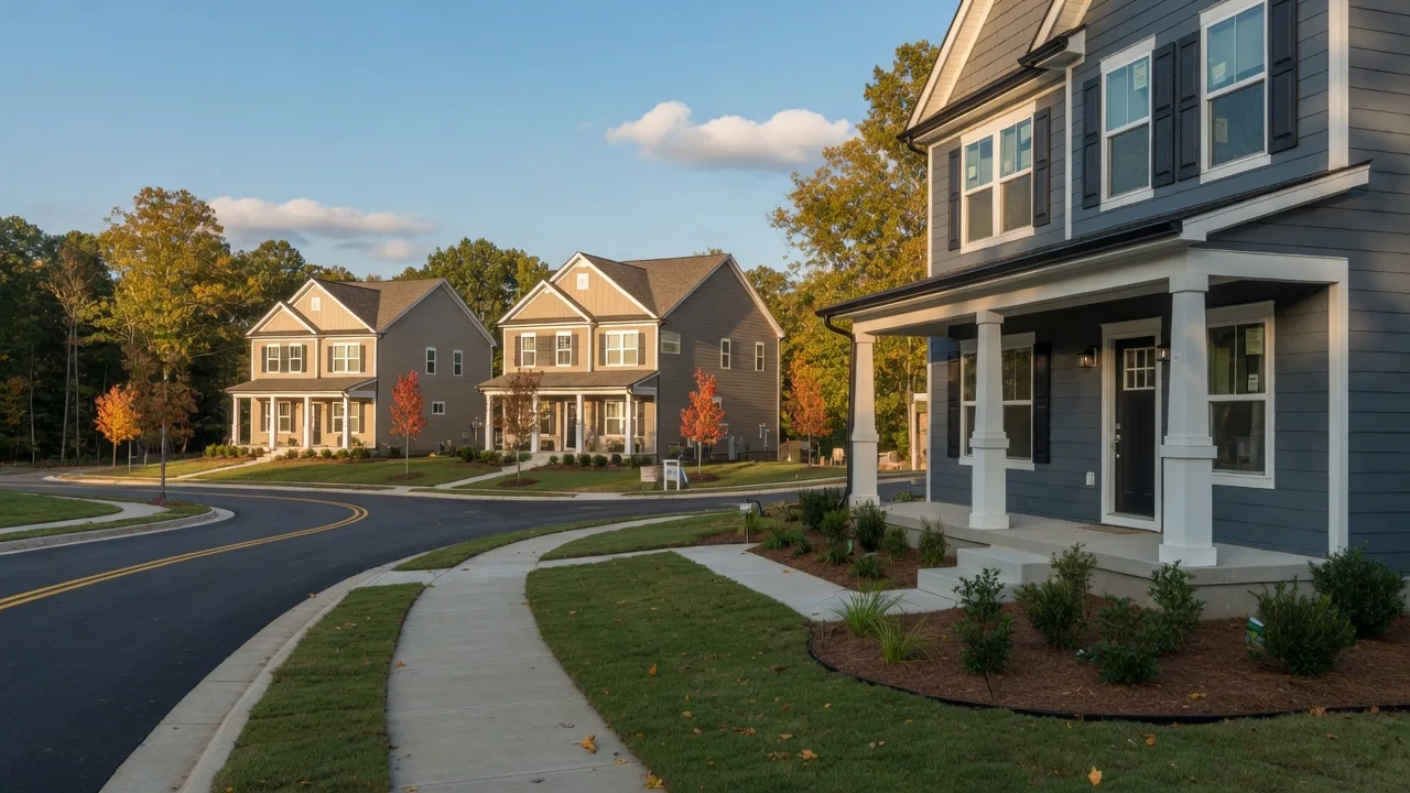 A newly built craftsman home with a covered porch in an Atlanta suburb on a warm late-September afternoon, with maple trees beginning to turn gold