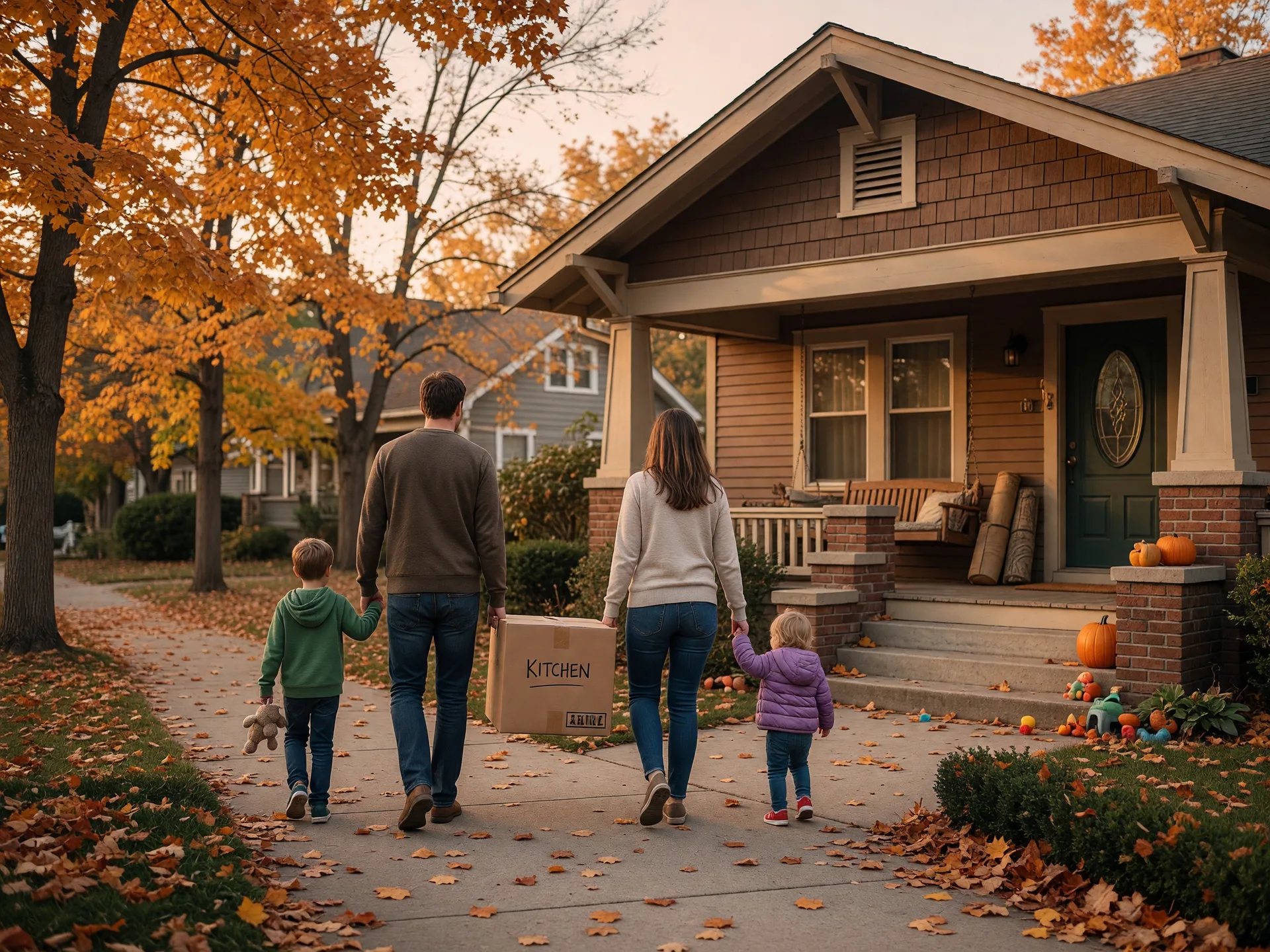 A family carrying boxes toward the front door of a craftsman home on moving-in day