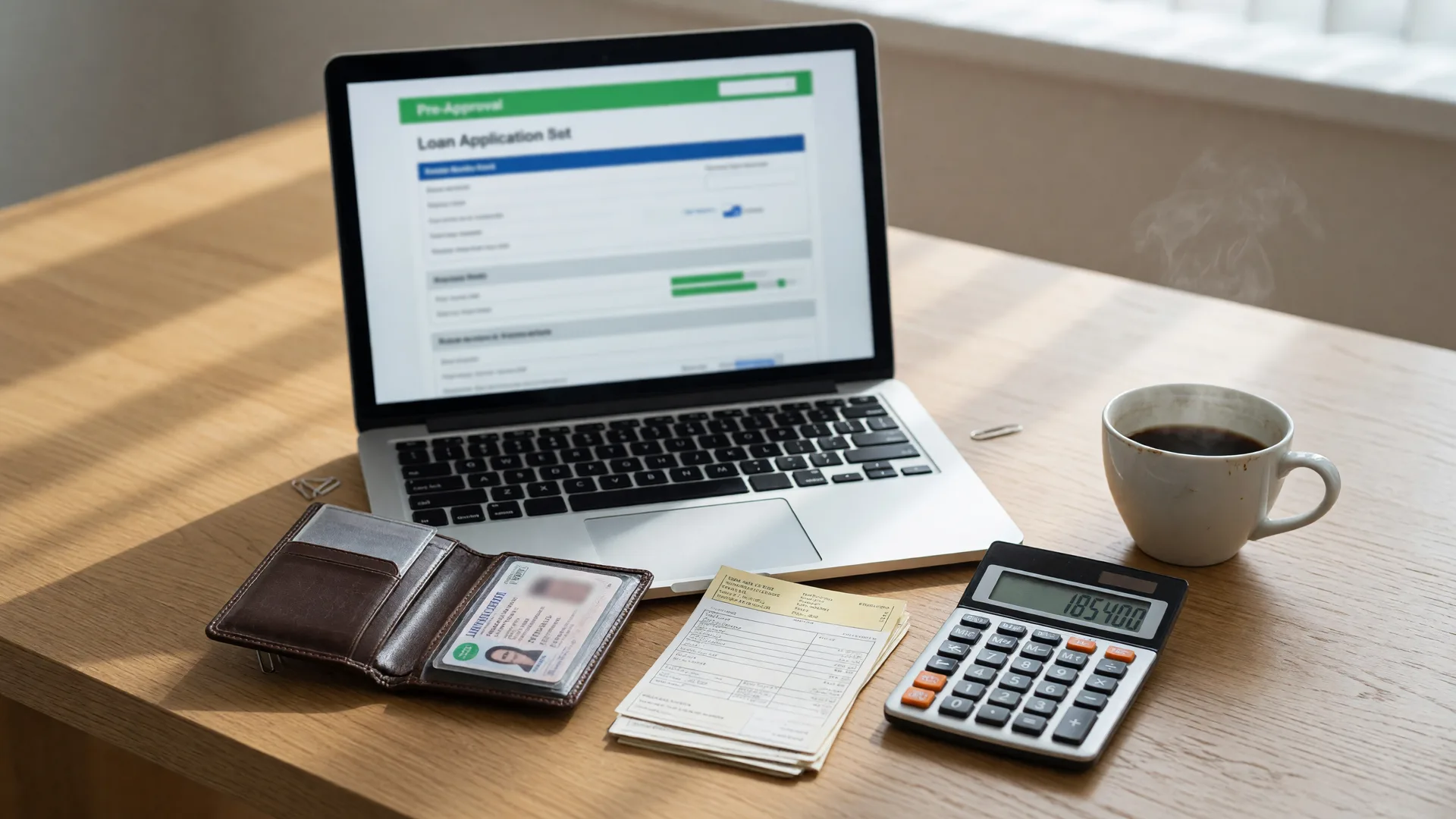 A lender's desk with a laptop, driver's license, pay stubs, and calculator for pre-approval