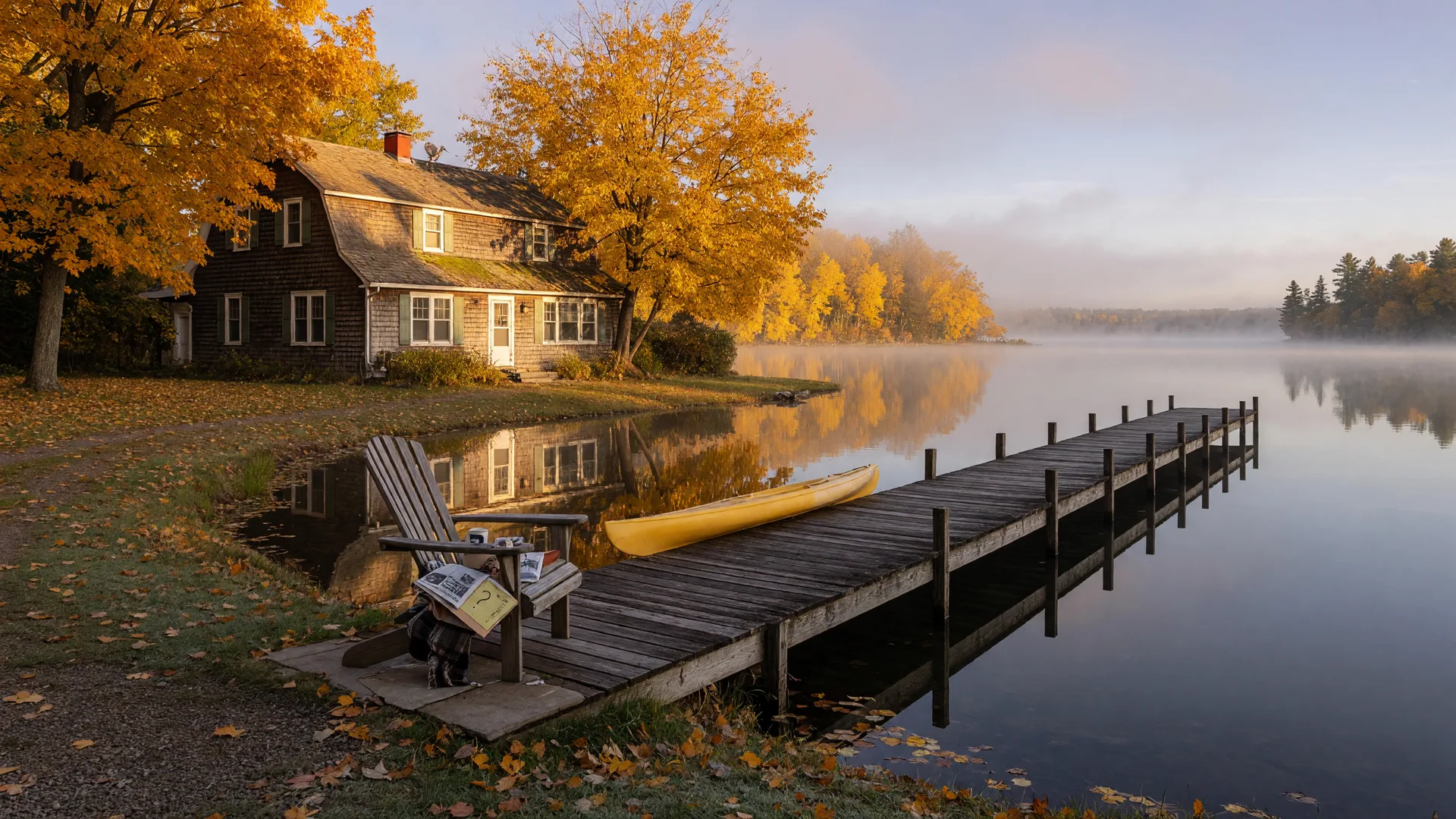 Minnesota lake home on a calm October morning with golden fall foliage, a long wooden dock reaching into still reflective water and soft mist over the lake