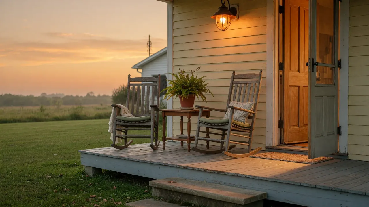 A farmhouse front porch with two rocking chairs and a warm lamp glowing at golden hour