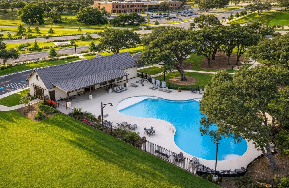 Aerial view of the Corley Farms community pool and sports court.