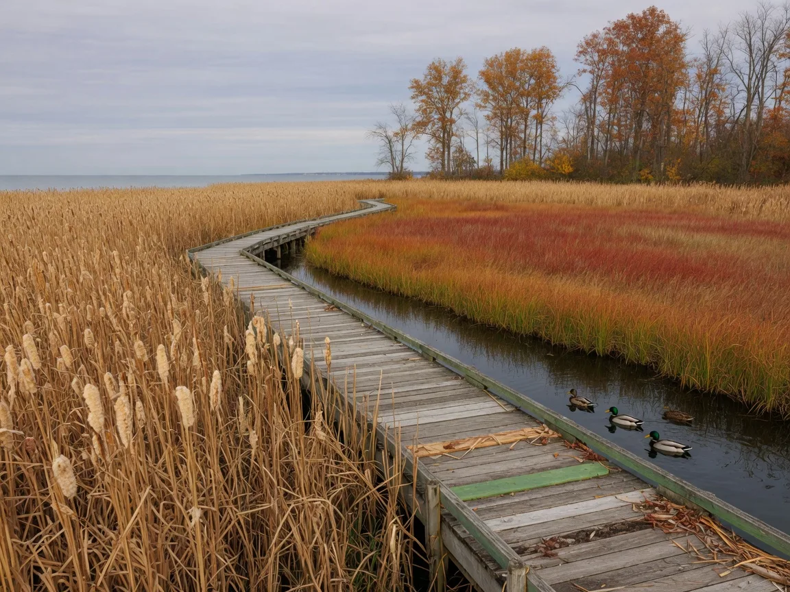 A weathered wooden boardwalk winding through a golden cattail marsh beside Lake Erie in late October, with amber hardwood trees behind