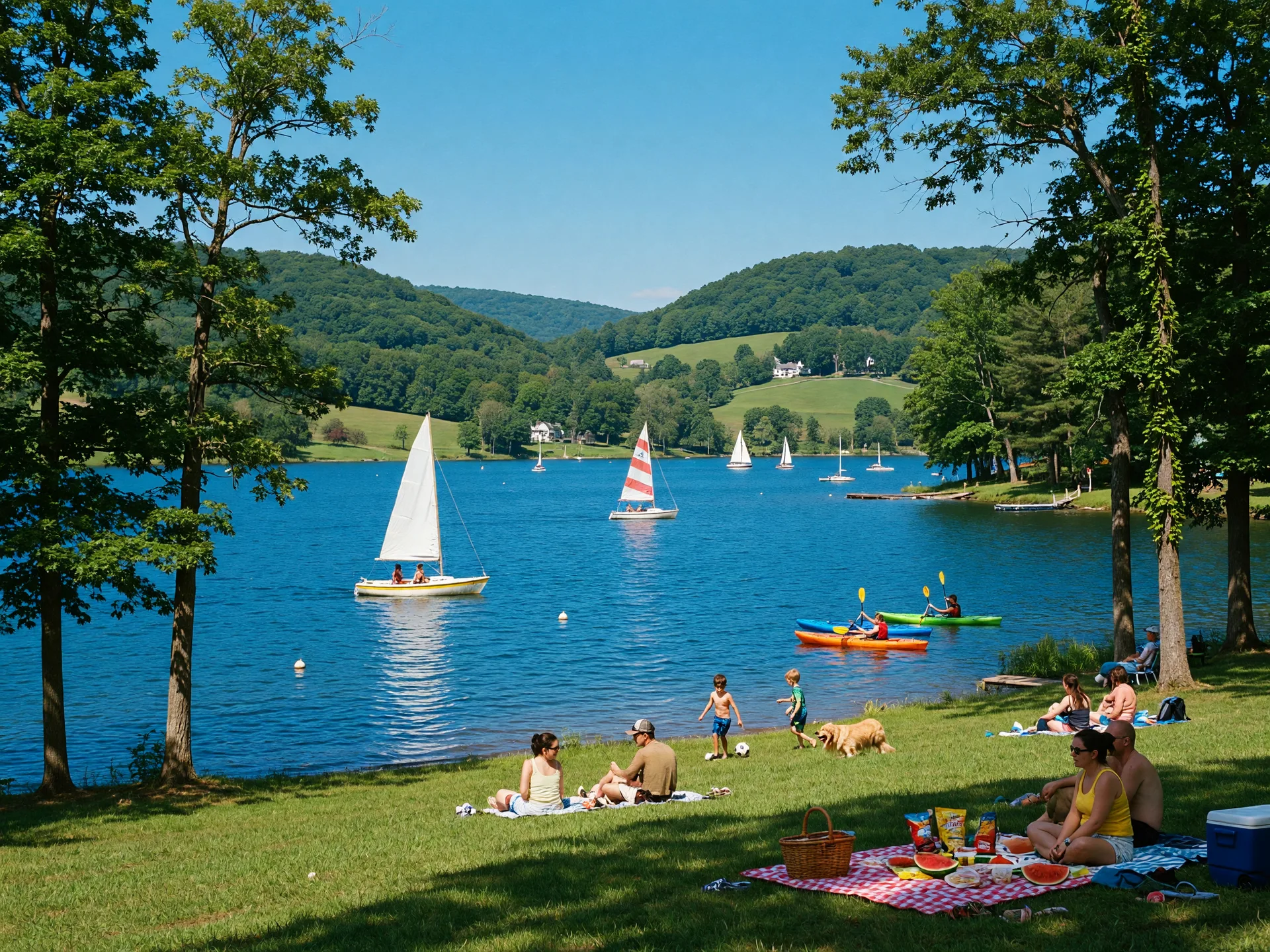 Marsh Creek State Park with lake, sailboats, and green hills near Chester Springs