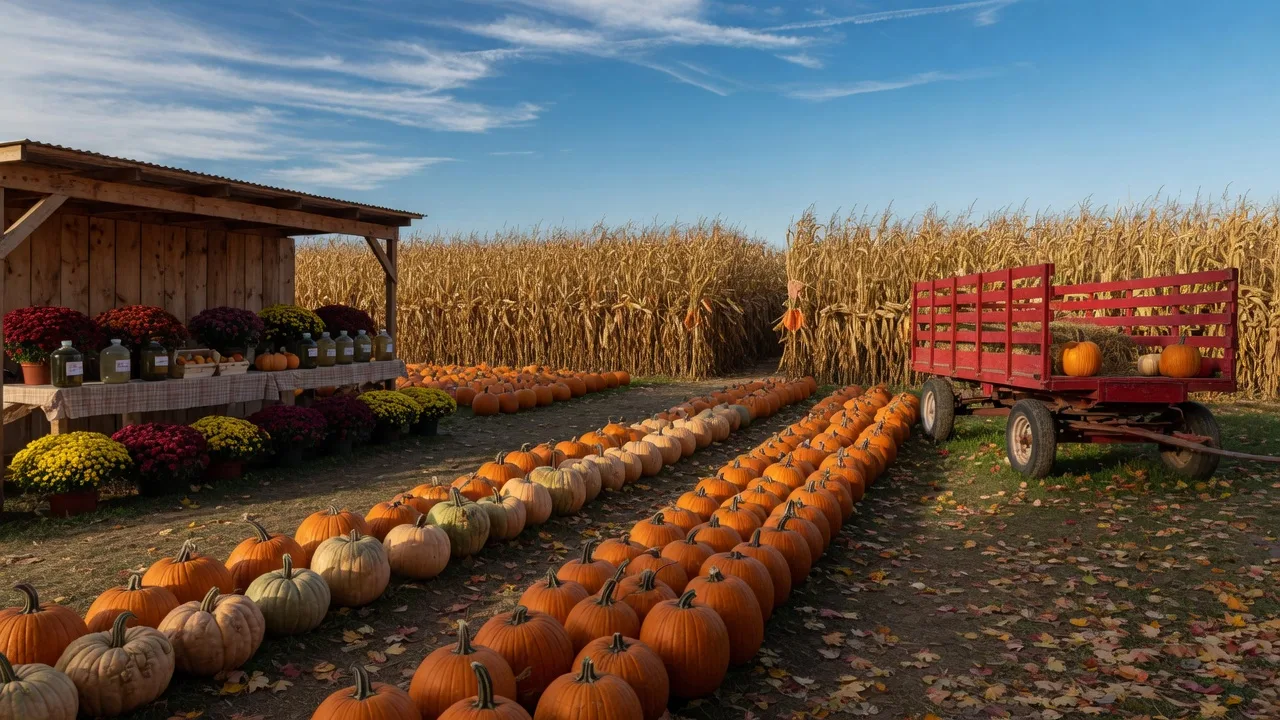 Rows of pumpkins in an open New Jersey field on a crisp October afternoon with a red hay wagon and a golden corn maze in the background
