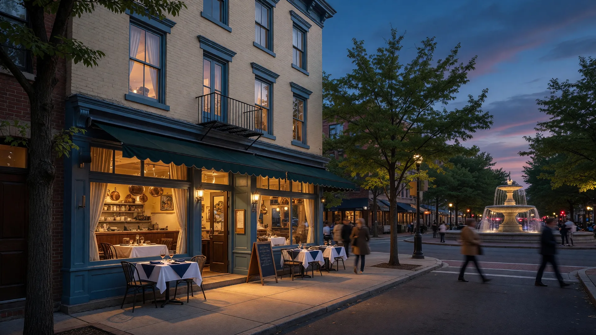 Cream and sea-blue storefront of Agora DC, a Mediterranean restaurant on a tree-lined street in the Dupont Circle neighborhood of Washington DC at dusk, with glowing windows, outdoor cafe tables with white tablecloths, and the Dupont Circle fountain in the distance