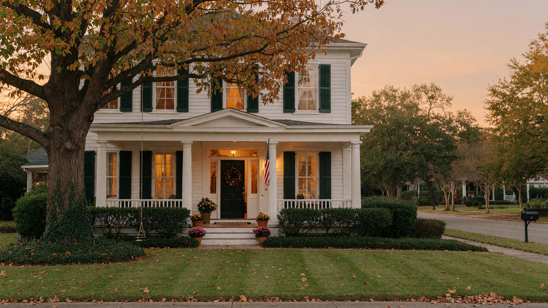 A classic Southern family home with a front porch glowing with warm light at golden hour, representing an inherited home being prepared for sale in the CSRA