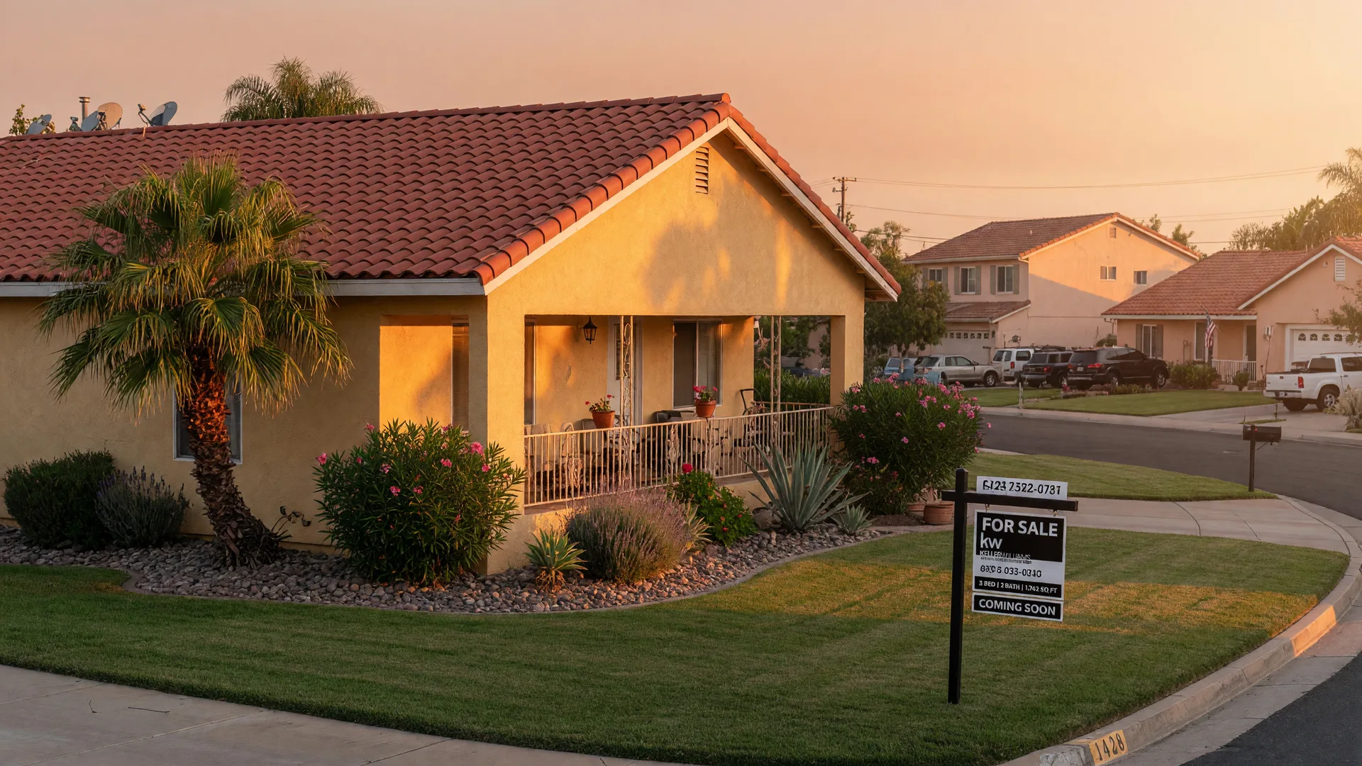 A well-kept Fresno-area home with a for-sale sign in the yard at golden hour
