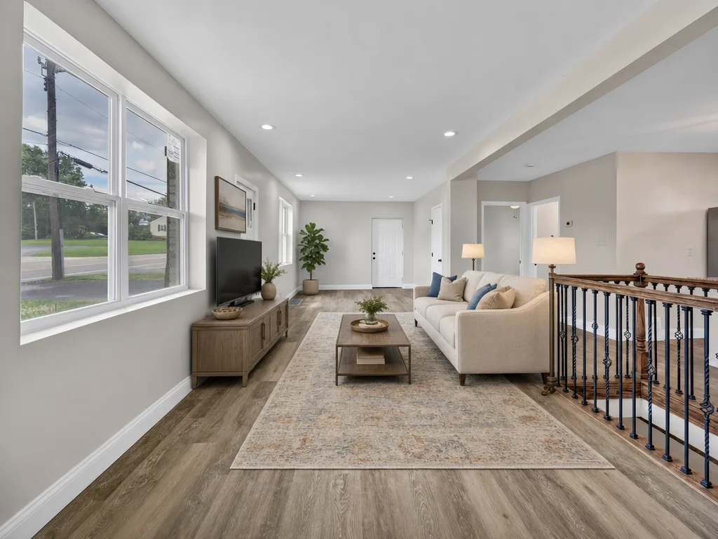 Main floor living area virtually staged with modern furniture and decor