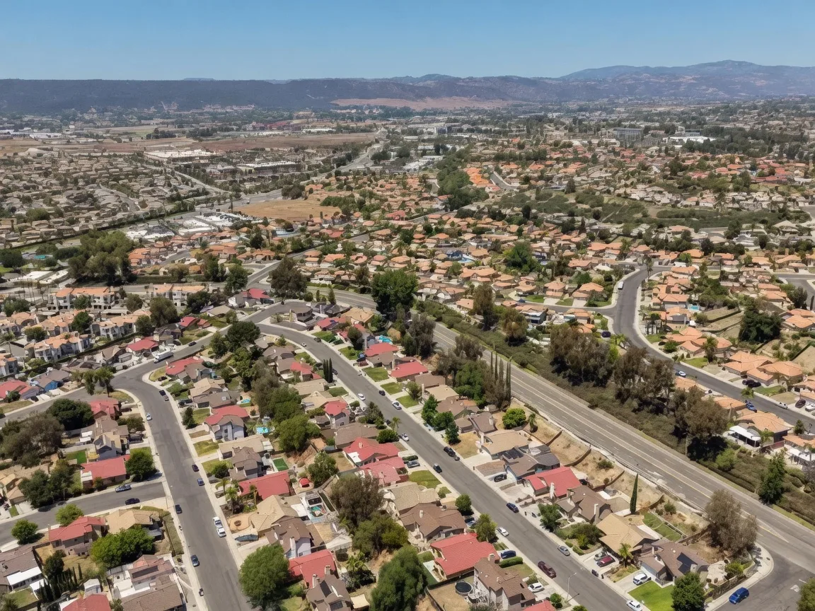 Aerial drone shot of a suburban residential neighborhood in Murrieta
