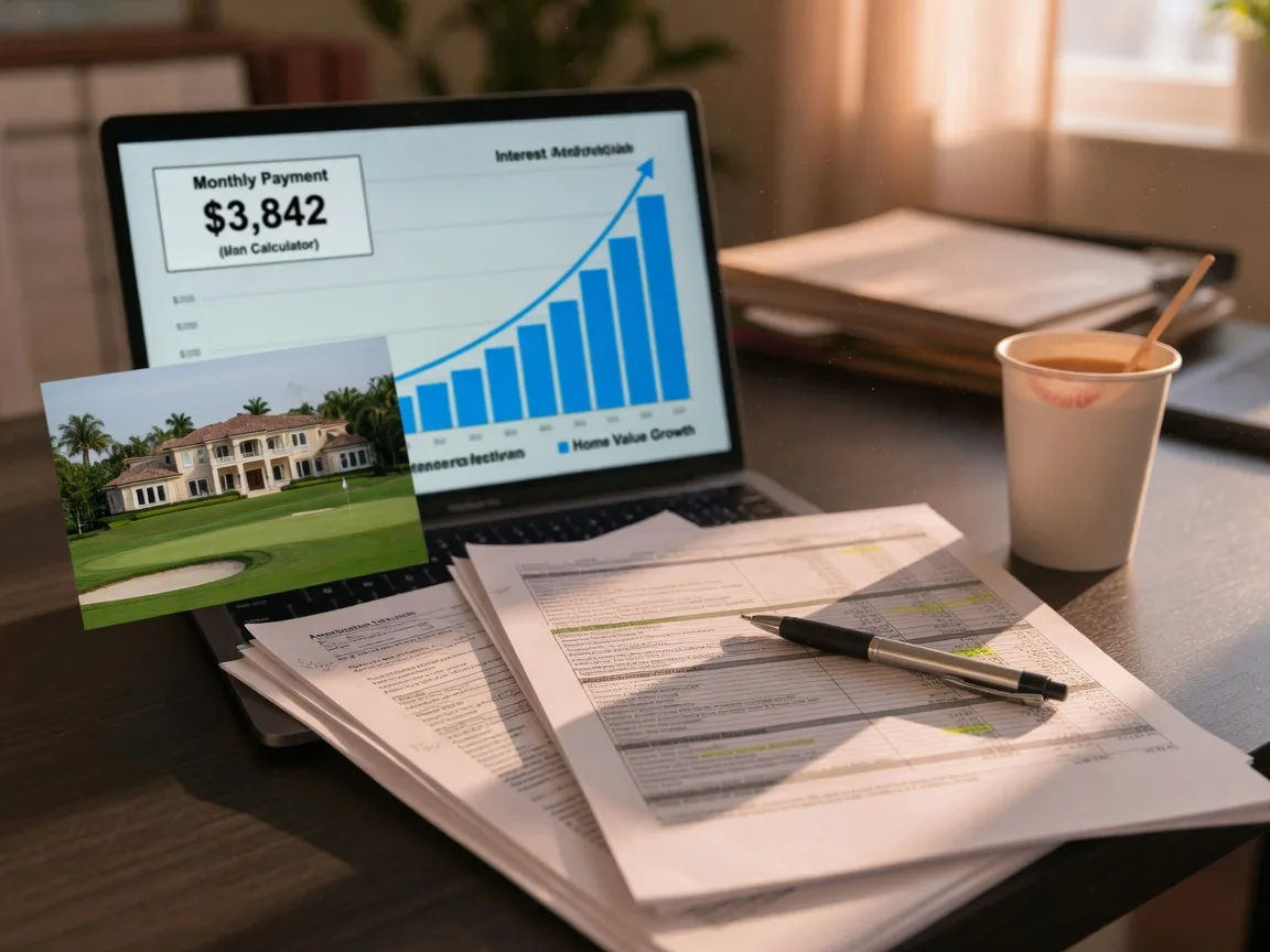 Real estate and mortgage desk with a laptop showing a loan calculator chart, printed mortgage documents, a pen, and a framed photo of a golf course home