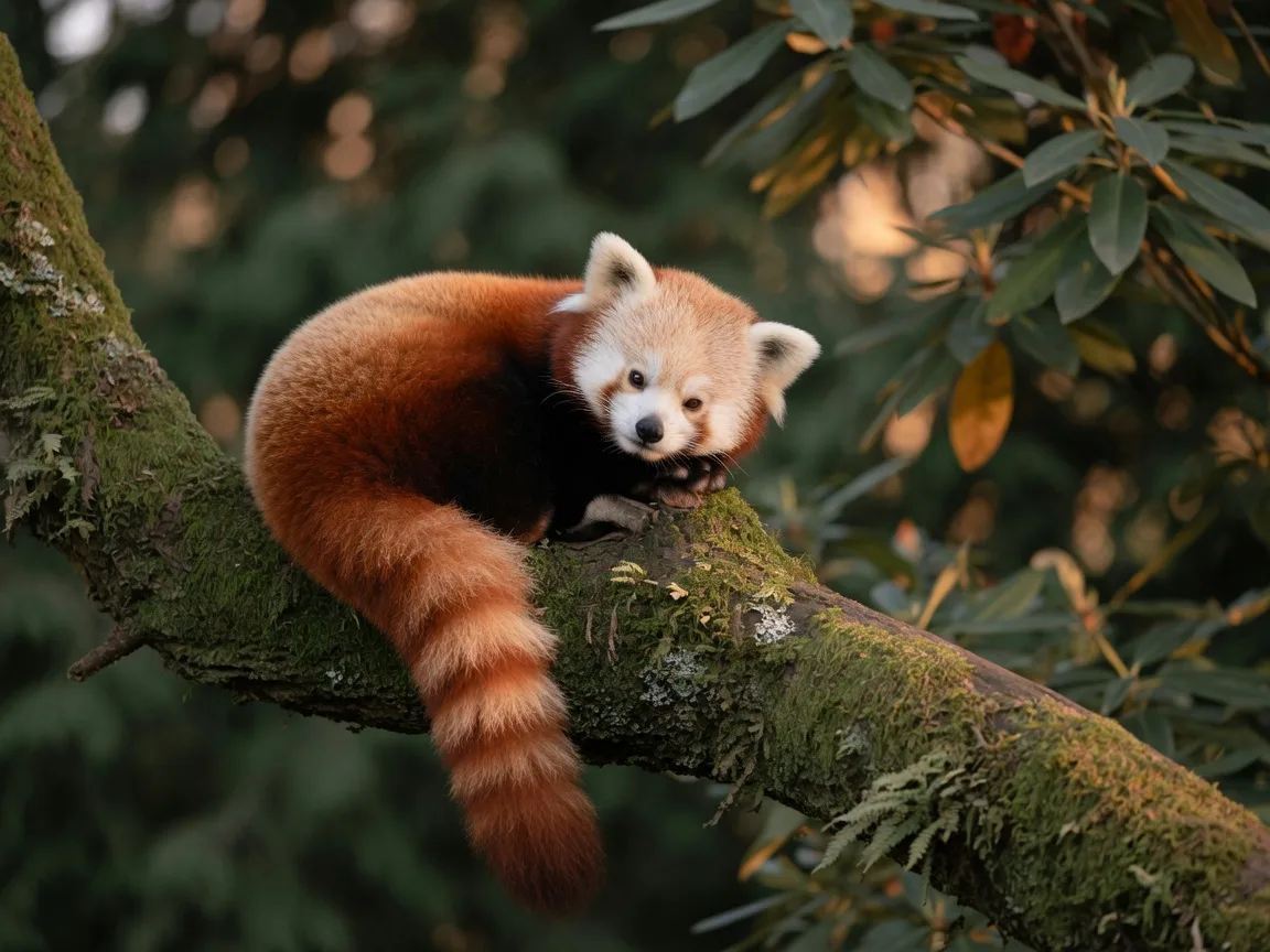 A red panda resting on a mossy branch in soft autumn light at a zoo