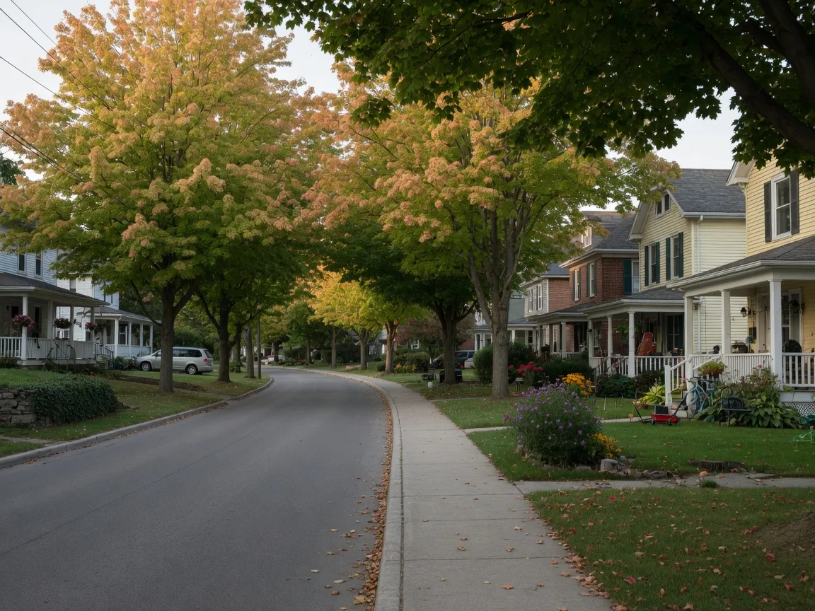 A quiet, leafy residential street in Port Perry in mid-September, with mature maples showing early autumn colour, family homes set back behind lawns and a paved sidewalk