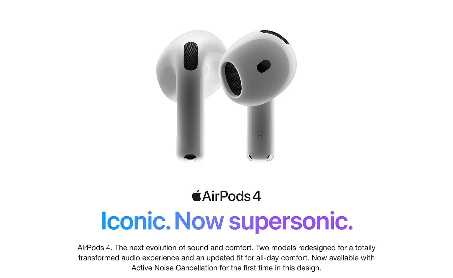 Apple AirPods 4 product photograph, the redesigned earbuds shown on a clean studio background