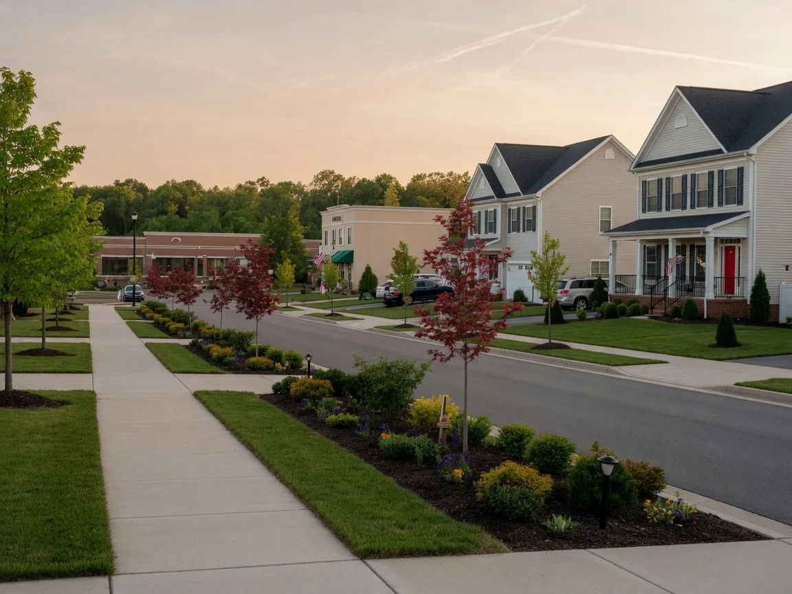 Suburban street in King of Prussia, Pennsylvania with newer colonial homes and sidewalks in warm afternoon light