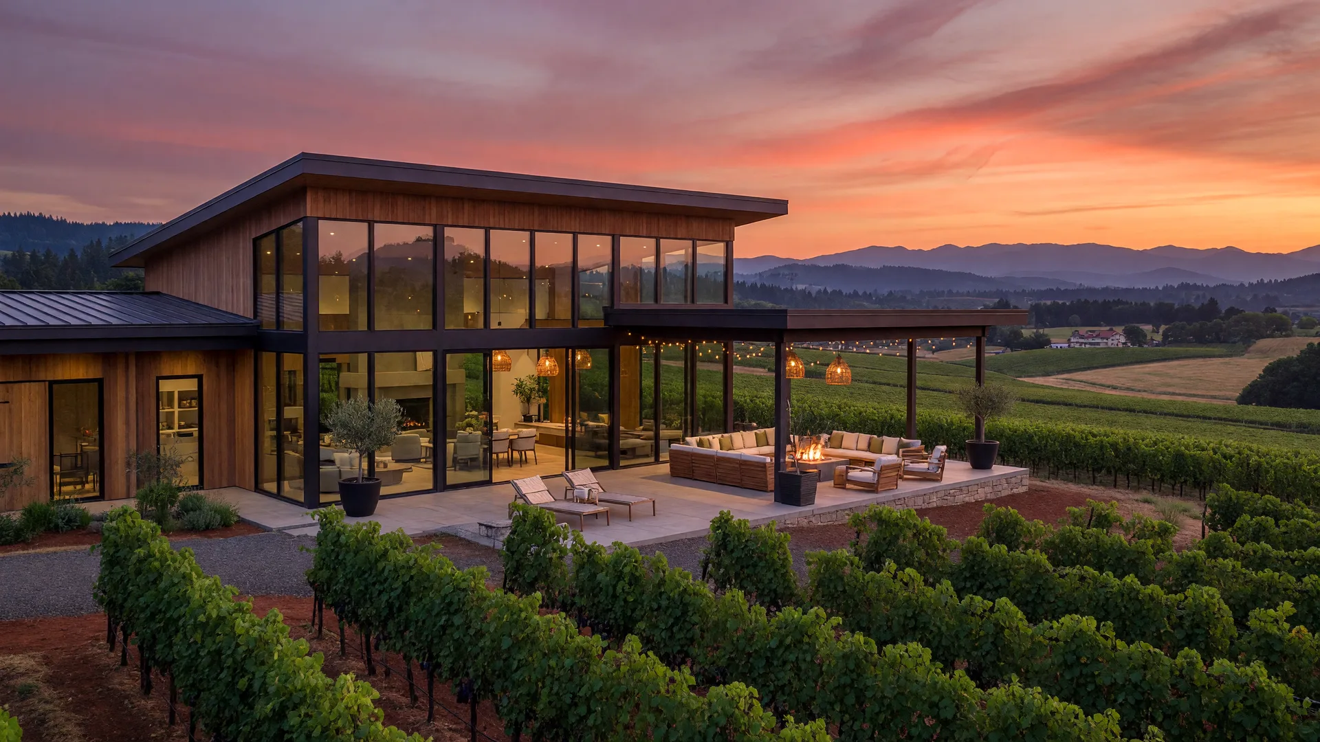 Modern home overlooking Willamette Valley vineyards at sunset
