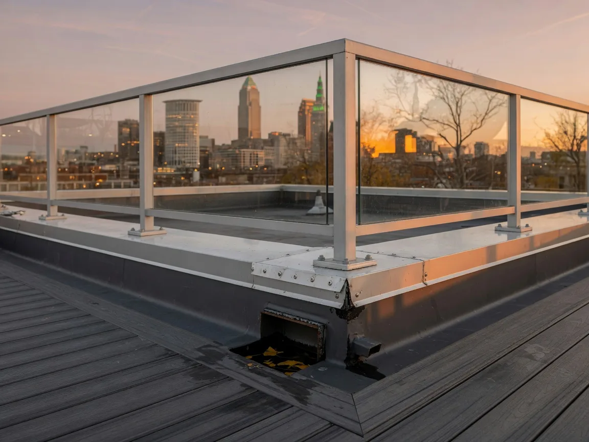 A close detail of a rooftop deck guardrail on a modern Cleveland townhome, a low aluminum rail with a glass infill panel meeting a waterproof membrane deck surface with visible edge flashing, the downtown skyline blurred beyond the glass