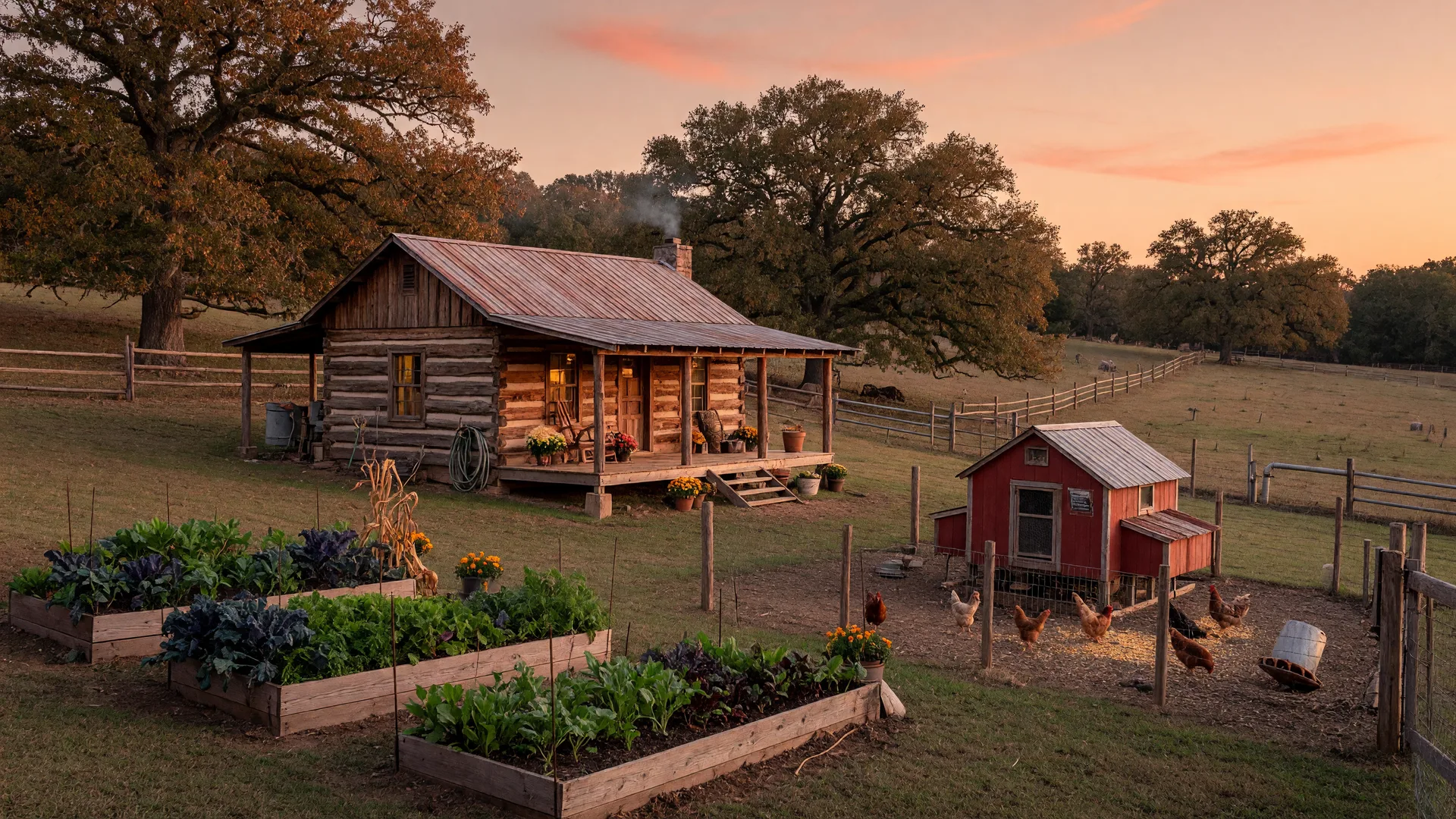 Golden-hour homestead scene at a log cabin in Northeast Texas with a chicken coop, raised fall garden beds, and pipe fencing on 4.5 acres