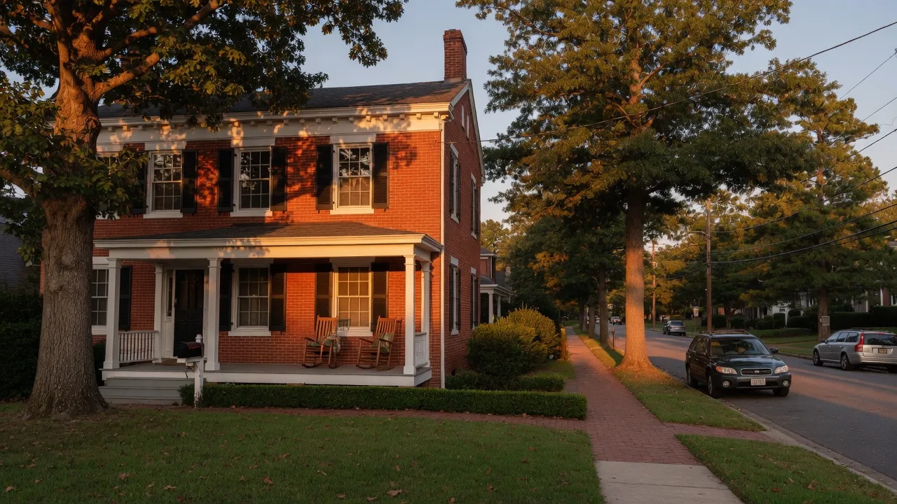 A classic brick colonial family home in a leafy neighborhood