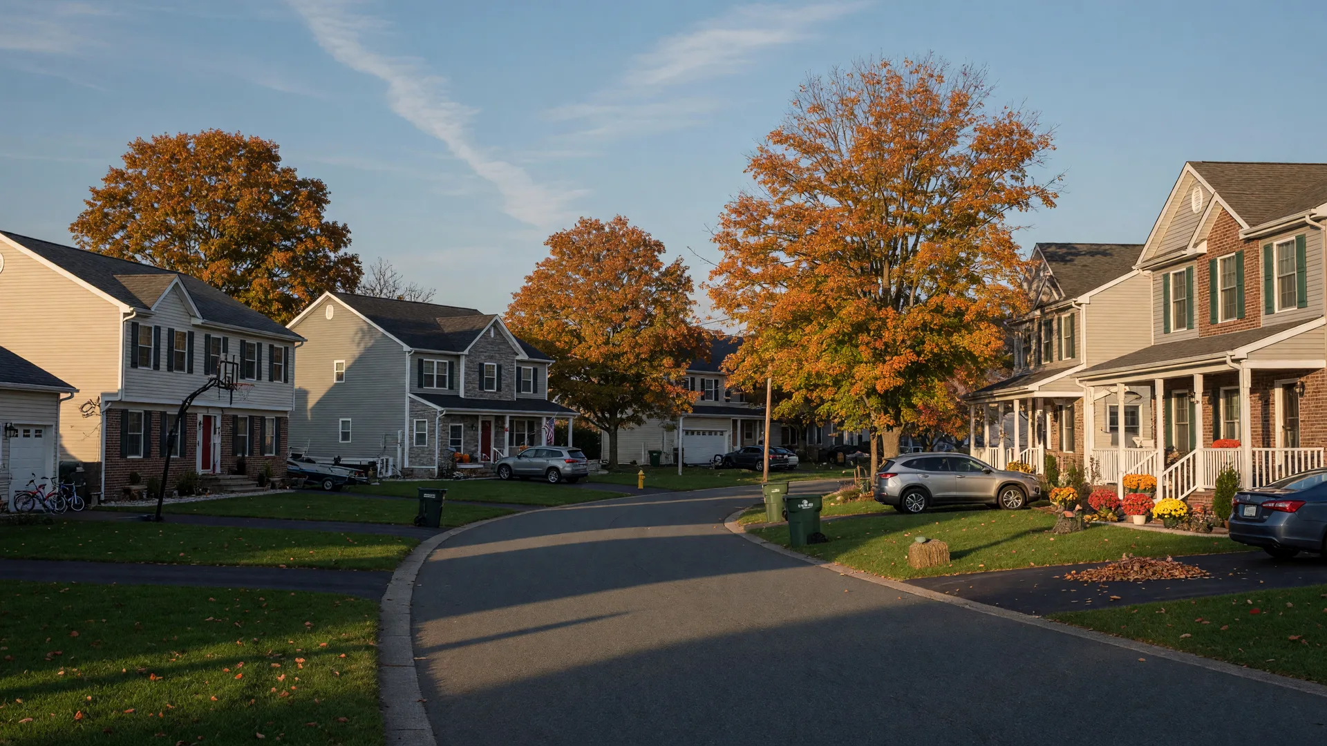 Quiet suburban residential street in Egg Harbor Township, New Jersey with two-story homes and maple trees in autumn color on a late October afternoon