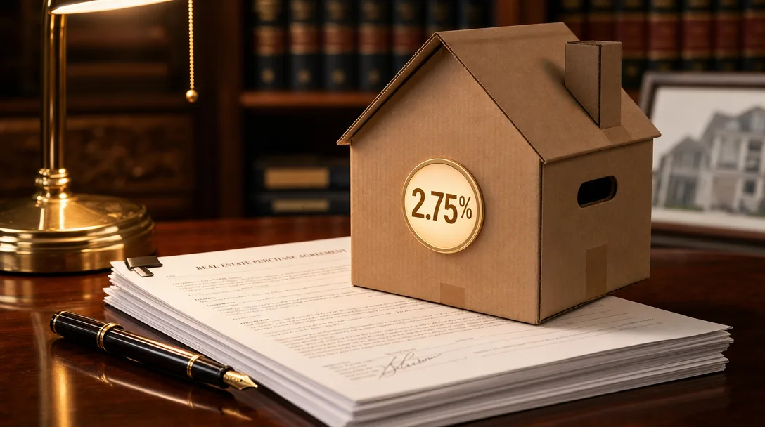 House-shaped moving box on a real estate contract with a glowing 2.75% interest rate badge