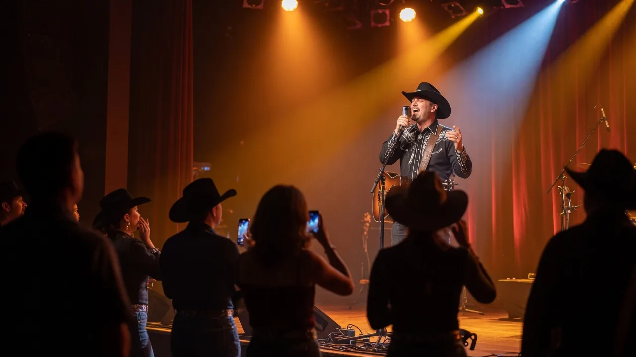 A country music artist performing on stage with warm amber lighting and a silhouetted audience