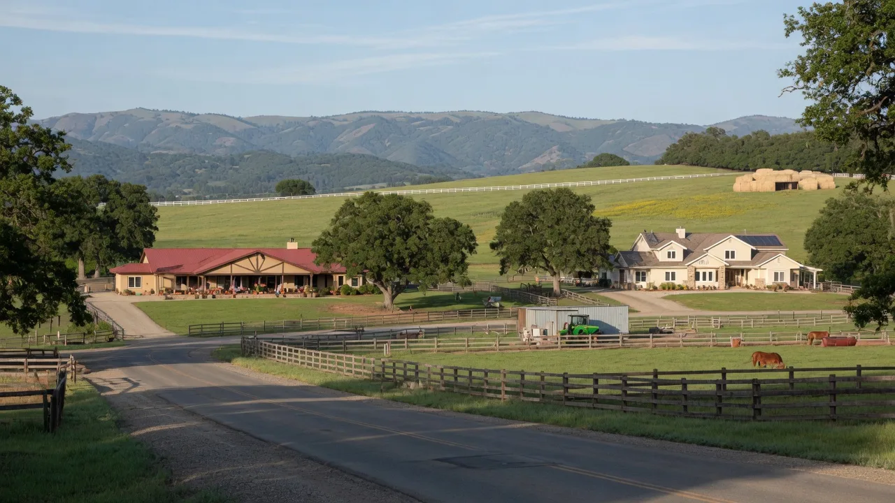 Rural residential street in McSwain, California with custom ranch homes on acreage lots, mature oak trees, and panoramic views of the Sierra Nevada foothills