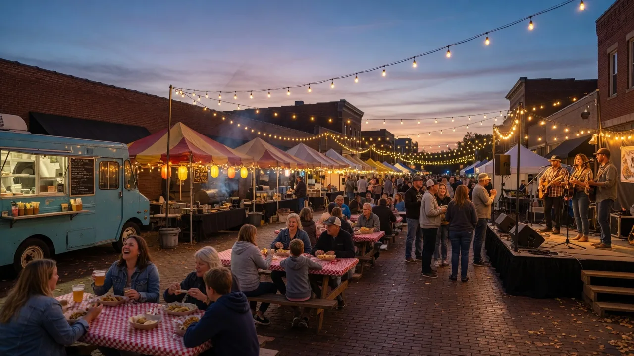 Food vendor tents and food trucks under string lights on a brick downtown street at dusk with a lively crowd