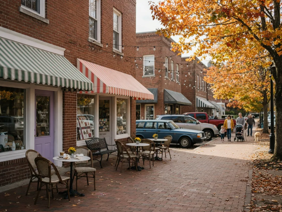 A Southern small-town main street in North Carolina on a sunny fall afternoon, with brick sidewalks, boutique shops, and trees in golden fall color