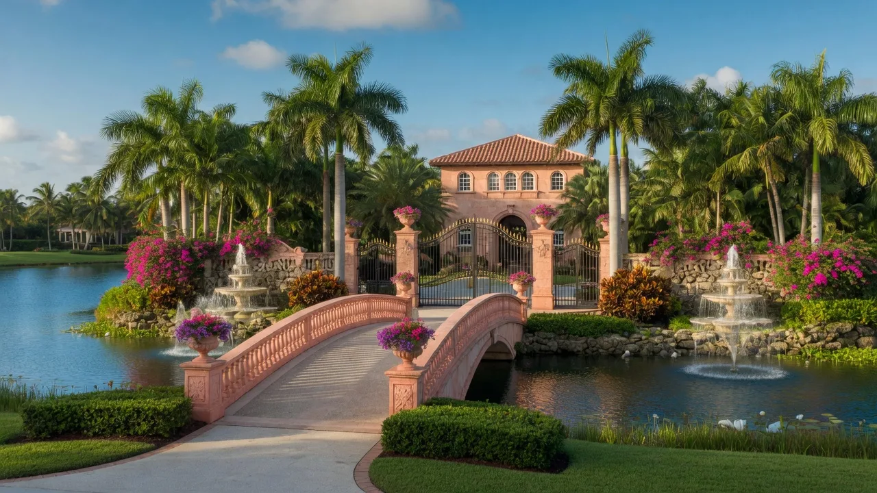 Grand gated entrance to the Seven Bridges luxury community in Delray Beach with stone gatehouse, fountains, and tropical landscaping