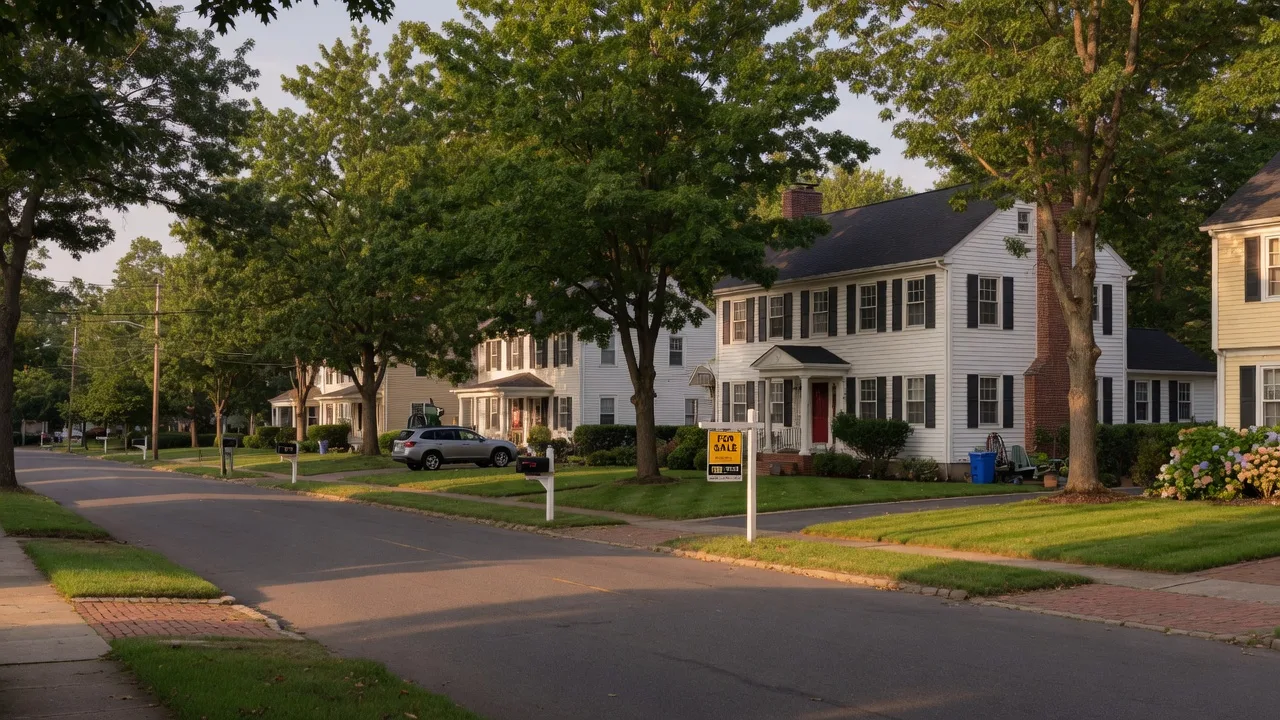Classic colonial home in Essex County New Jersey with a for-sale sign on a warm late summer afternoon